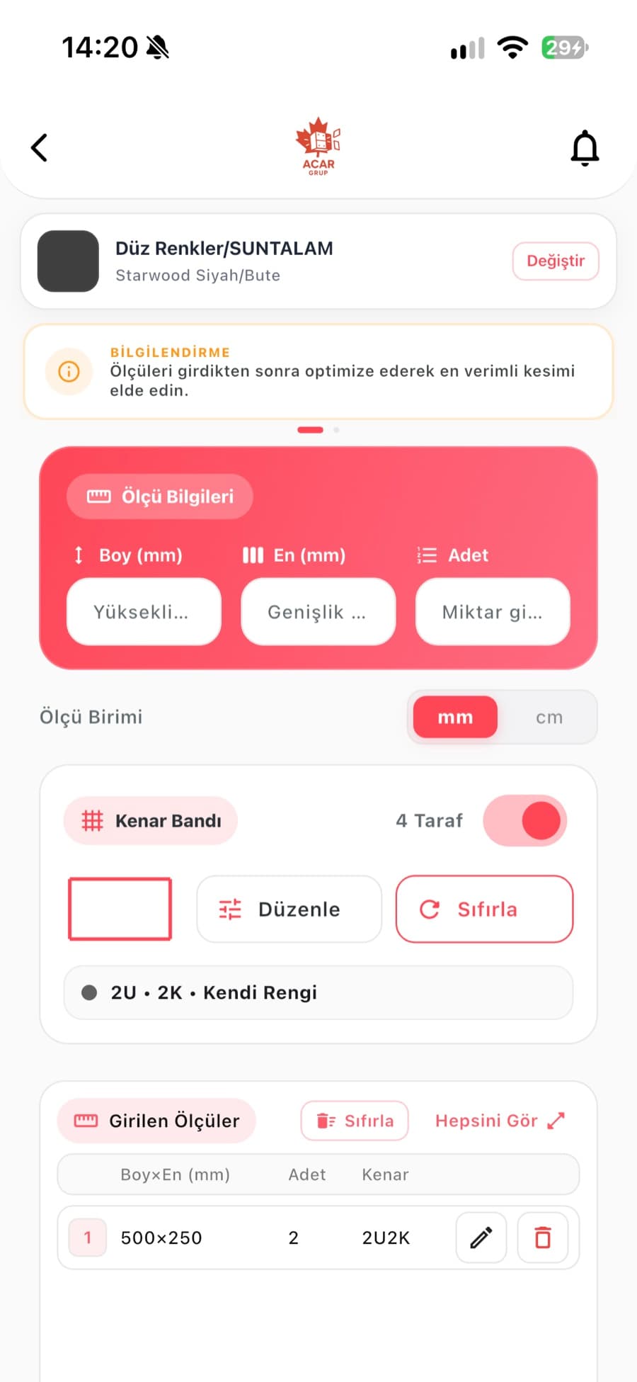 Acar Mobil — manuel modda parça ölçüsü ve kenar bandı girişi
