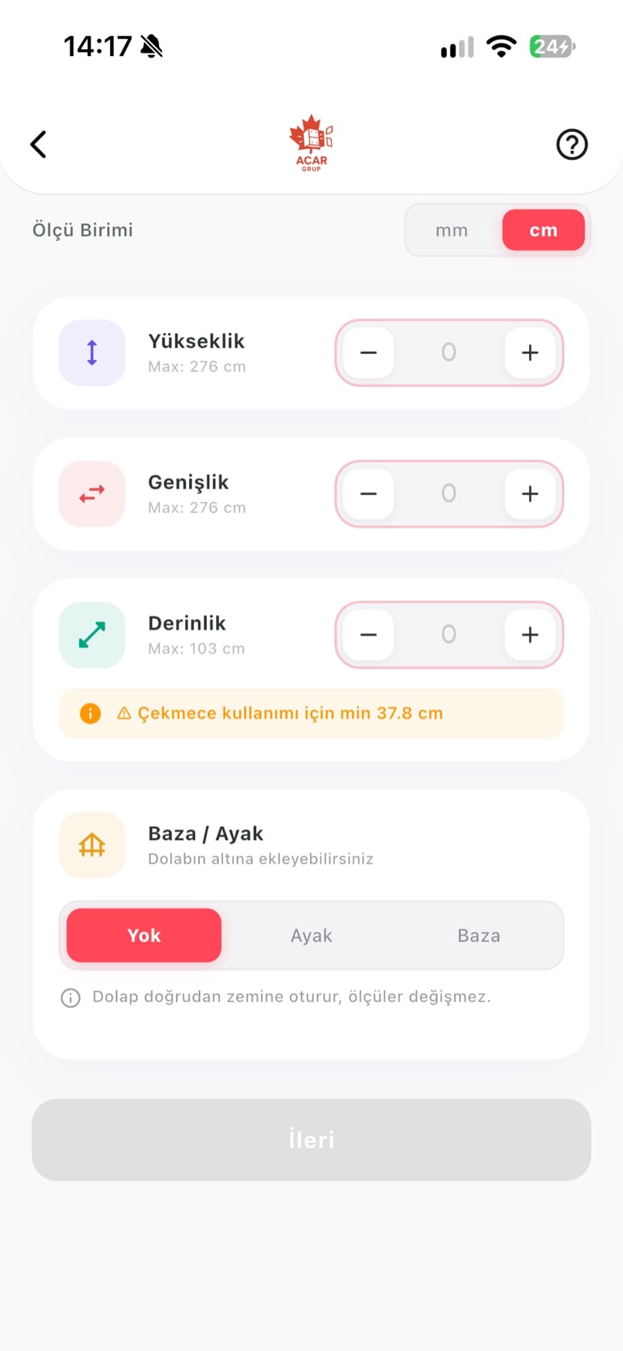 Acar Mobil — modüler dolap için ölçü girişi